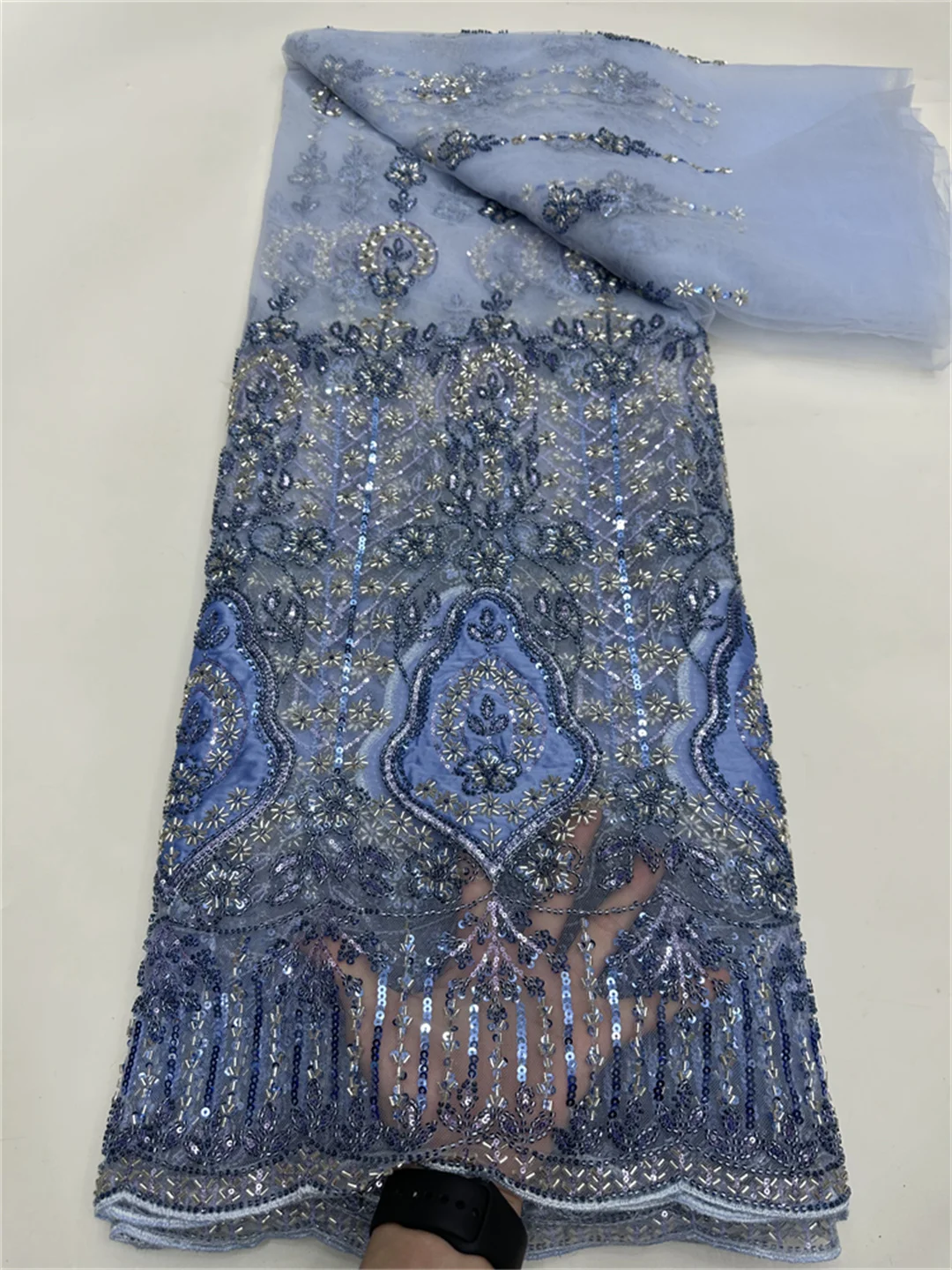 

African Groom Luxury Beaded Tulle Lace Fabric 2026 High Quality Nigerian Handmade Sequins Mesh Lace Fabric Bridal Wedding Dress