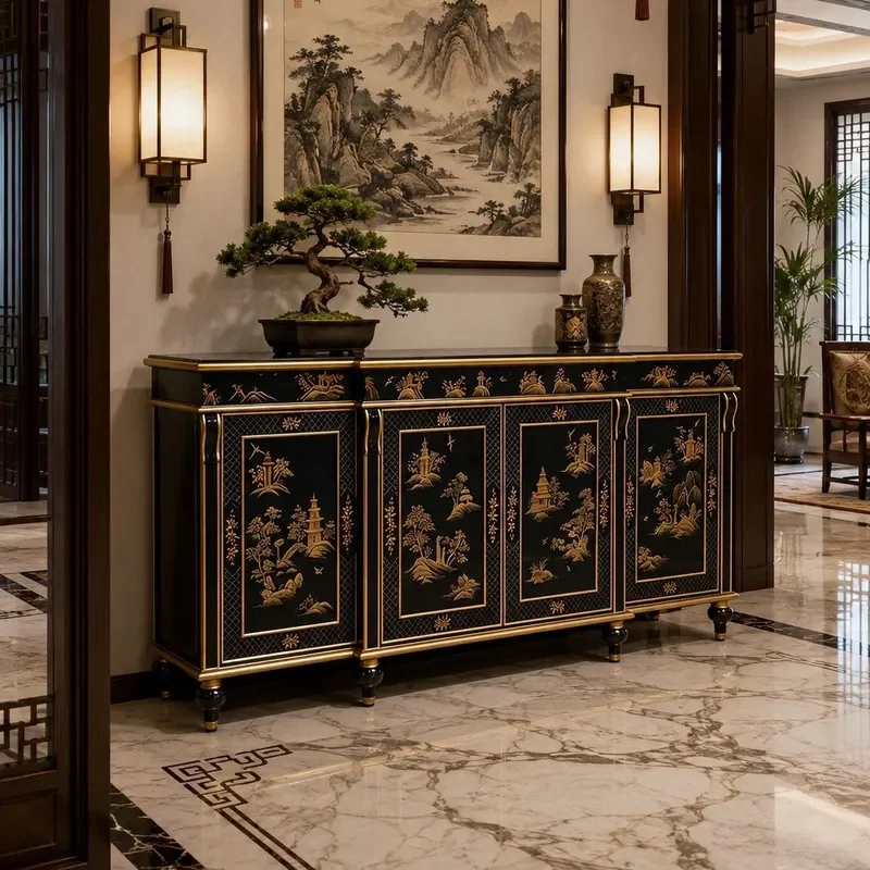 Retro Hand Painted Solid Wood Dining Side Cabinet Entryway Storage Locker Light Luxury Living Room Furniture
