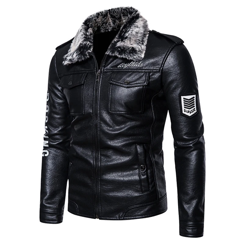 Winter Faux Leather Jacket Men Fur Fleeece Turndown Collar Motorcycle Jackets Fashion Casual Multiple Pockets Slim Fit Coat Male