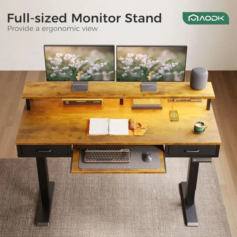 Hot-sellingElectric Standing Desk with Drawers & Keyboard Tray, 55 Inch Height Adjustable Gaming Desk with Power Outlets & LED L