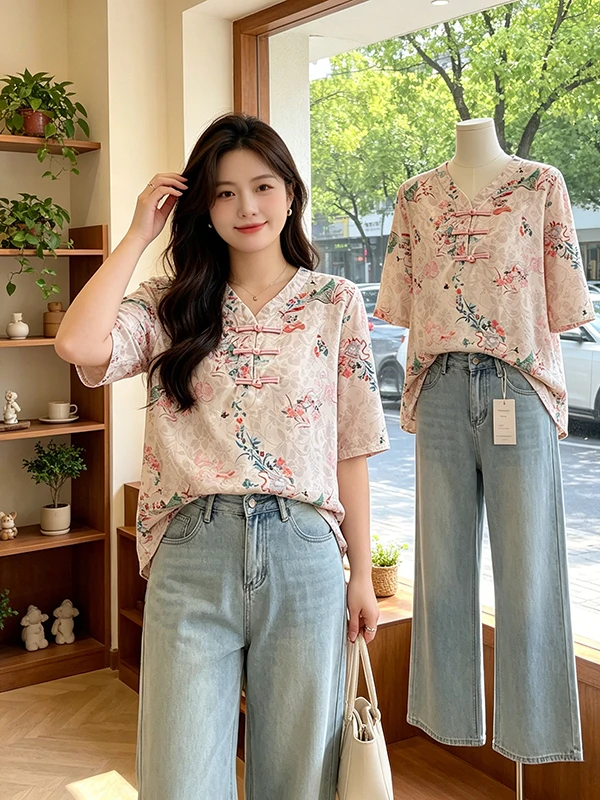 

plus Size Floral Print Shirt V-Neck Button up Slimming New Chinese Style Retro Fashionable Women's Top Korean Commute Style