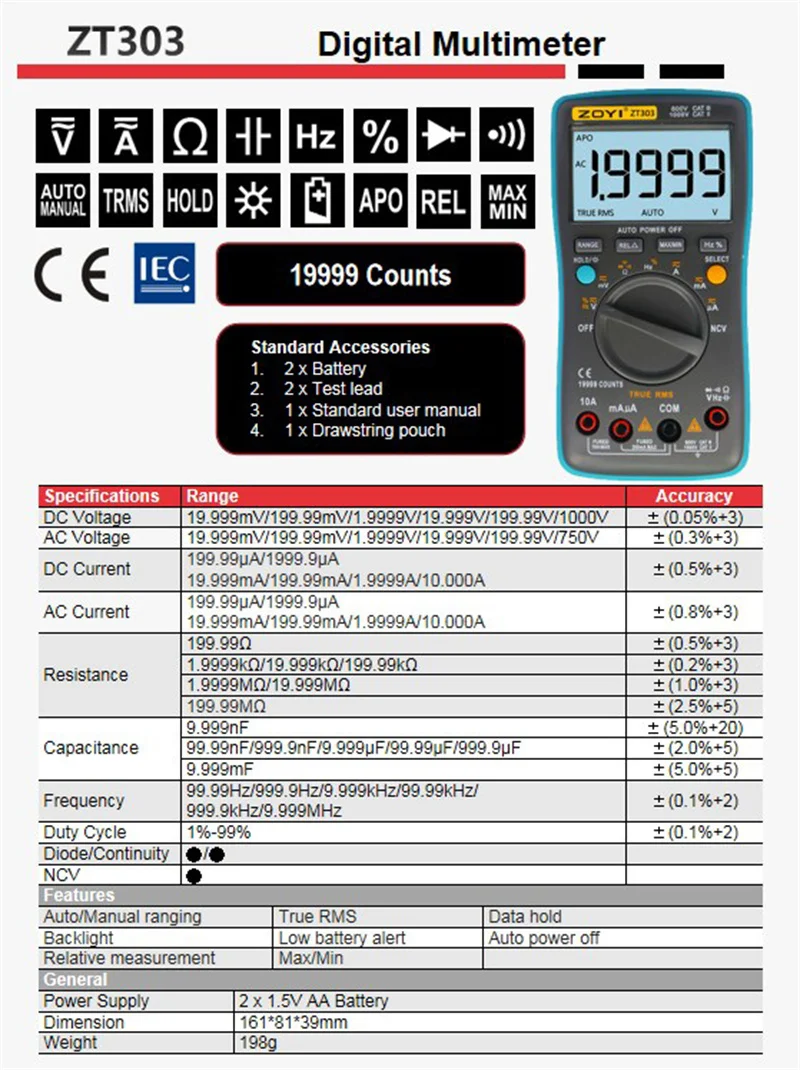 ZOYI Digital Multimeter 19999 High precision True RMS Auto Range Ammeter Voltmeter Smart Capacitor Temperature NCV Ohm Hz Tester