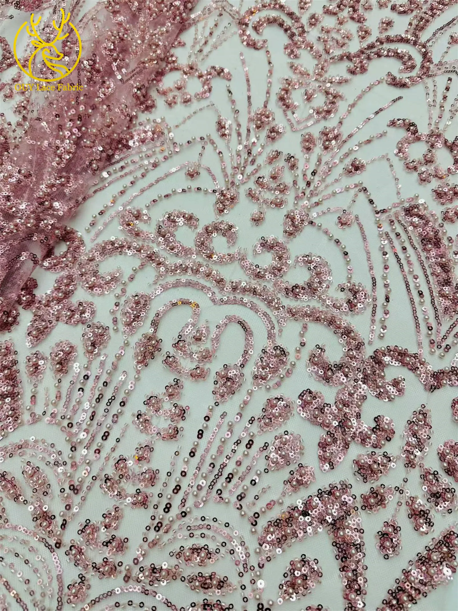 Goldener Luxus-Spitzenstoff mit Perlen und Pailletten, 5 Yards, afrikanischer Spitzenstoff, hochwertiger nigerianischer Netzspitzenstoff für Partykleider und Näharbeiten – Detail 7