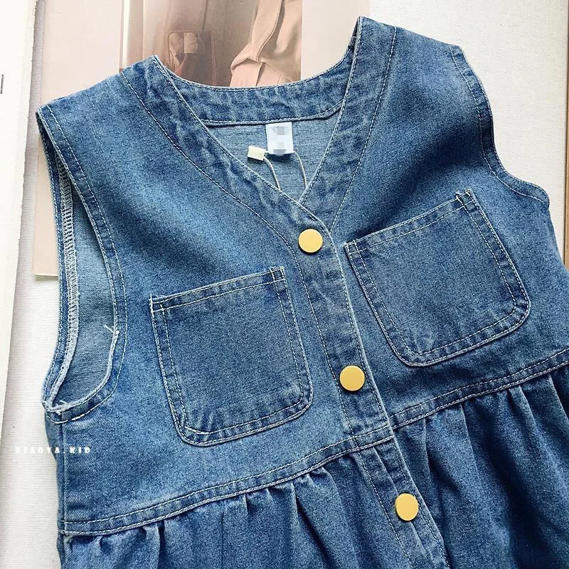 Girls Fashionable Sleeveless Denim Dress Children\'s Western Flavor All-match Sundress Baby Girl Summer Denim Suspender Dress