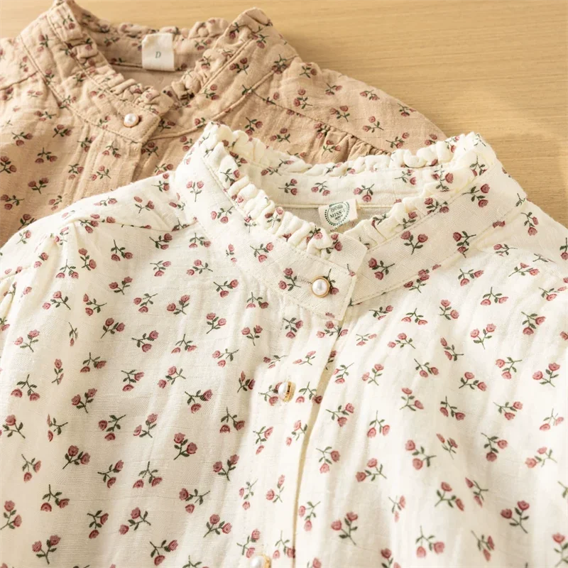 

Vintage Mori Girl Cherry Print Cotton Shirts Women Japanese Spring Autumn Stand Ruffled Collar Long Sleeve Casual Loose Blouse