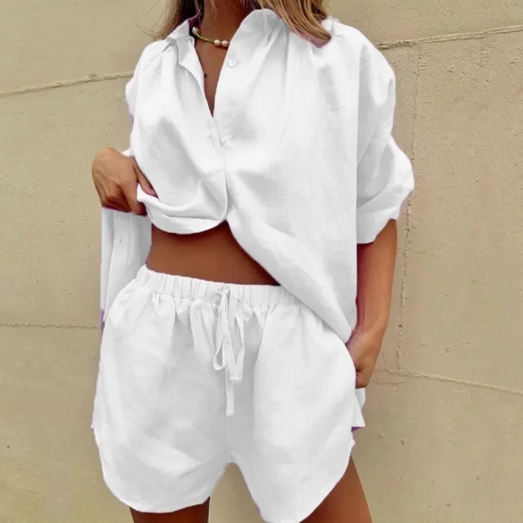 Women's Spring New Fashion Loose Solid Color Two-piece Single Breasted Five-point Sleeve Shirt+drawstring Elastic Waist Shorts