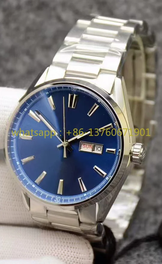 

Luxury New Men Automatic Mechanical Watch Stainless Steel Black Blue Day-date Sapphire Glass Back Leather Wristwatch 41mm