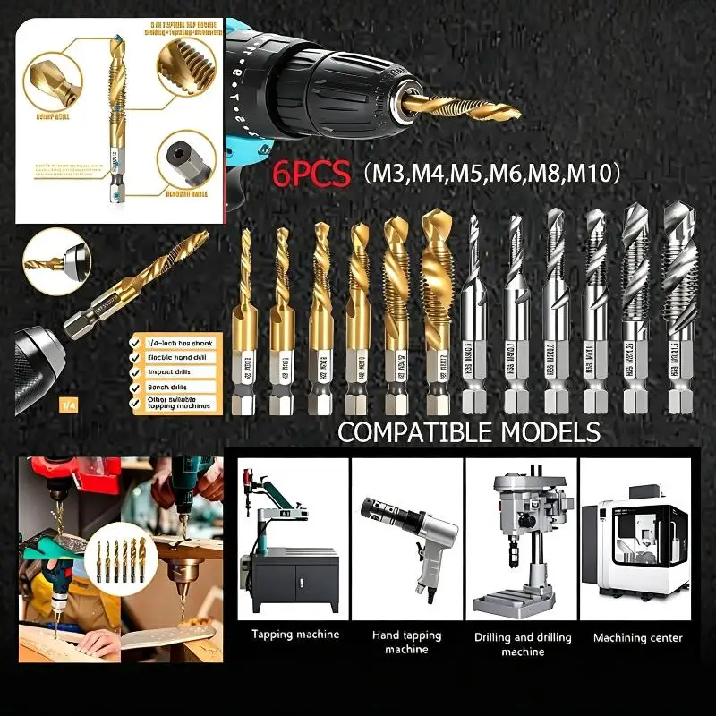 HSS Titanium Coated Threading Tap Drill Bit Set 6 Pcs Wear Resistant for Industrial Processing Carpenter Handyman Use