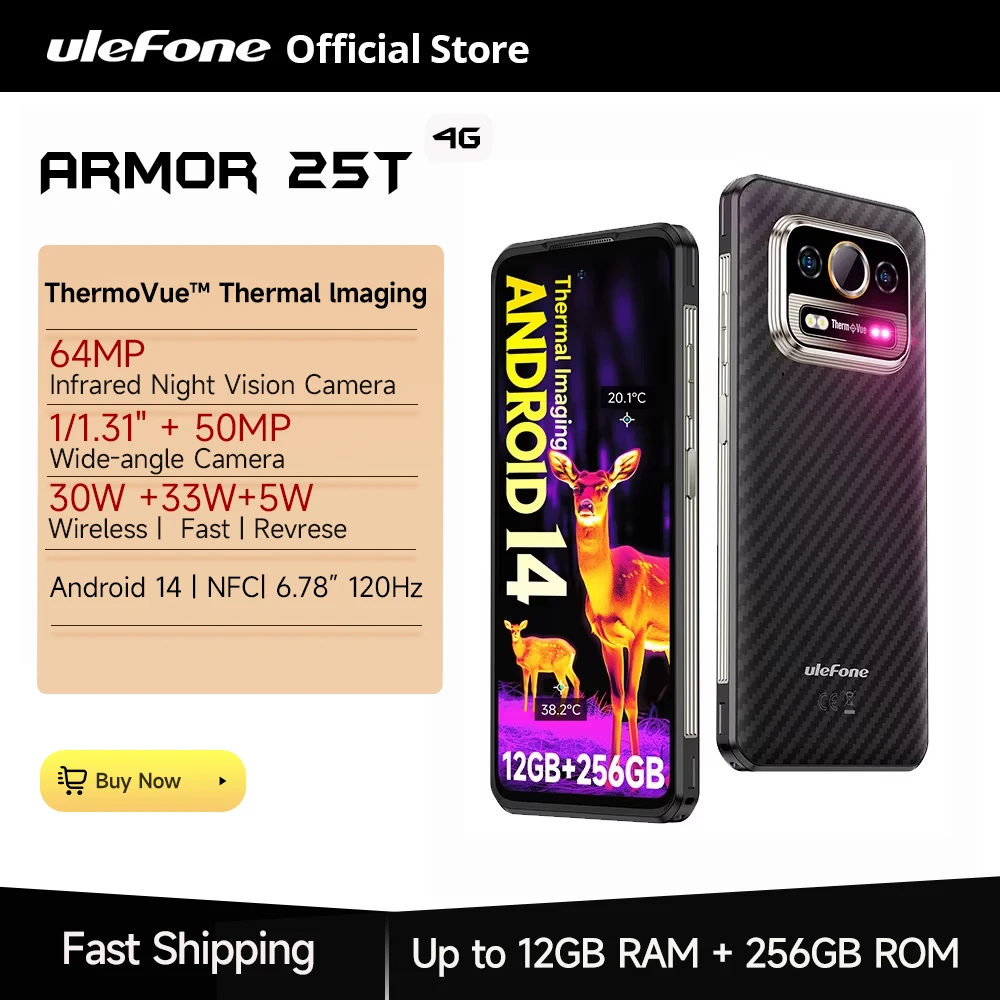 【Weltpremiere】Ulefone Armor 25T 4G Wärmebild Robustes Telefon Android 14 33 W 50 MP + 64 MP NFC Wasserdichtes Smartphone Global