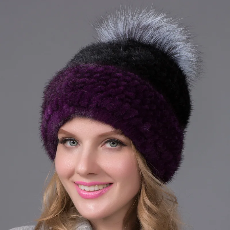 

Winter Mink Fur High-Quality Fur Woven Hat for Women Fox Fur Knitted Hat Thickened Mink Fur Ear Protection Hat