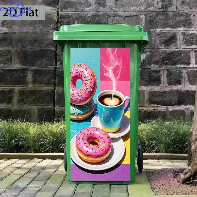 1pc of Trash Can Sticker with a 2D Flat Print Design, Featuring a Donut Coffee Time Theme, Measuring 37×82 Cm. This Self-Adhes