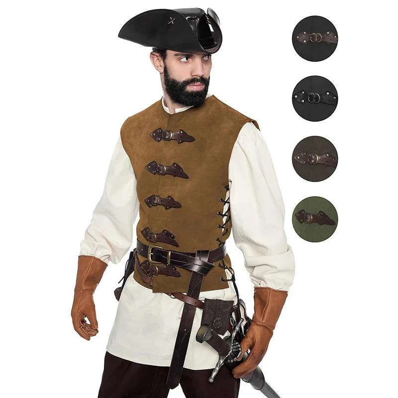 

Medieval Renaissance Gothic Steampunk Vintage Knight Pirate Viking Vest Tops Jackets Warrior Soldier Pu Leather Cosplay Costume