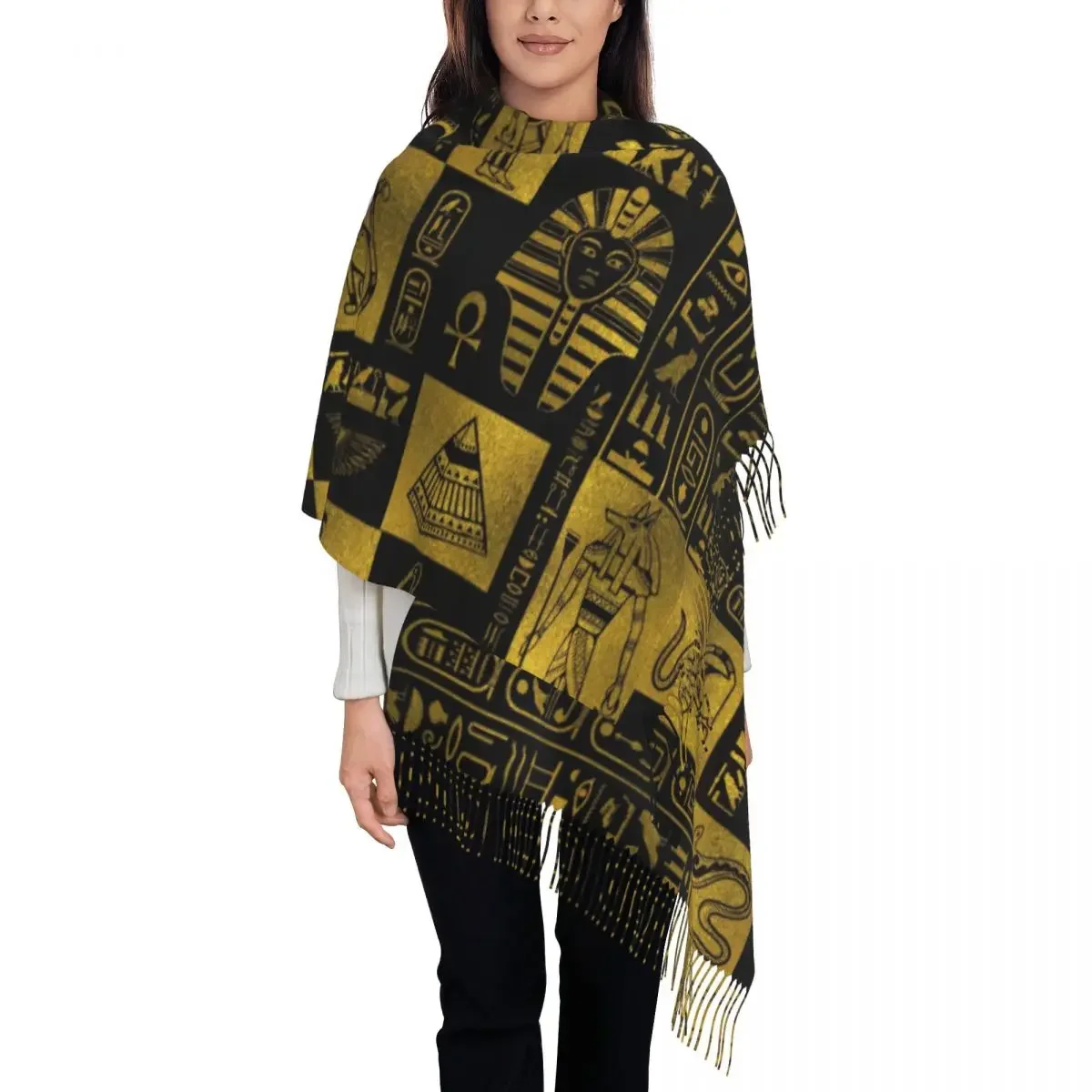 Retro Egyptian Gold Hieroglyphs And Collage Scarf Wrap Long Winter Warm Tassel Shawl Unisex Egypt Hieroglyphic Scarves