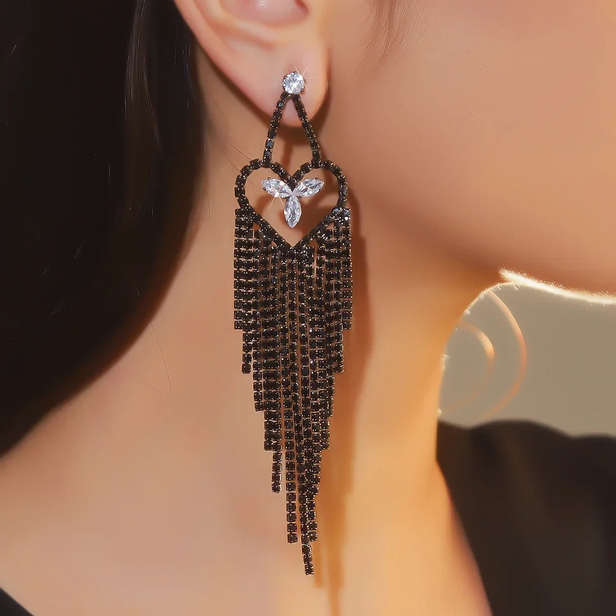 Valentine's Day explosion of black diamond love long tassel earrings female fashion light luxury temperament versatile earrings