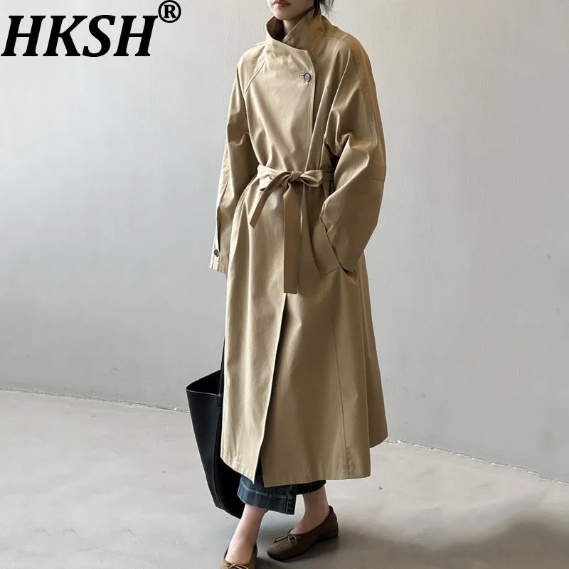 

HKSH Spring Autumn New Women Long Trench Coat Stand Collar Single Button Solid Color Korean Elegant Casual Jacket Trendy HK11631