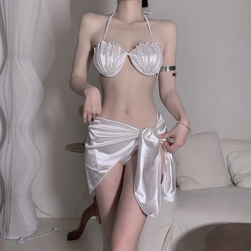 Women's Pearl Shell Bikini Set 2 Piece / 3 Piece Halter Neck Push Up Mermaid Swimsuit with Satin Sarong Beach Cover Up
