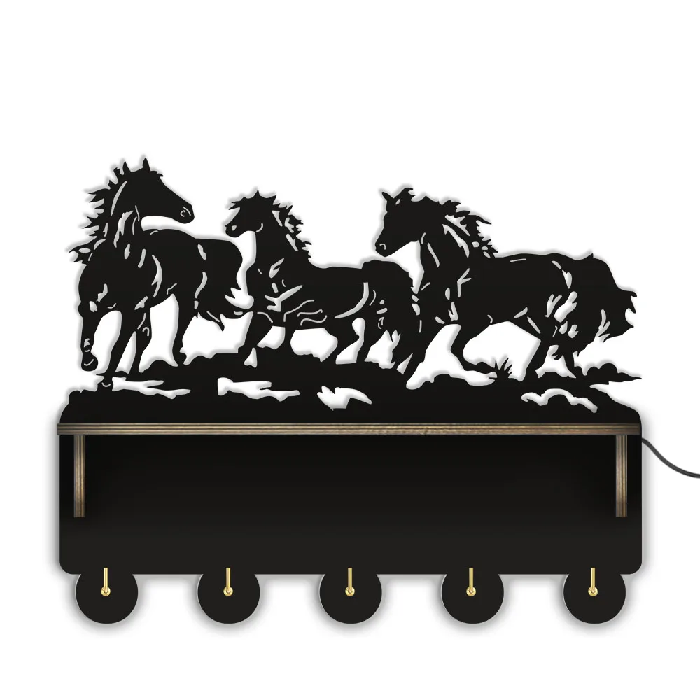 Running Horse Wall Mount Coat Rack With Shelf For Living Room Wildlife Animal Coat Rack Key Holder Organizer Farmland Home Decor