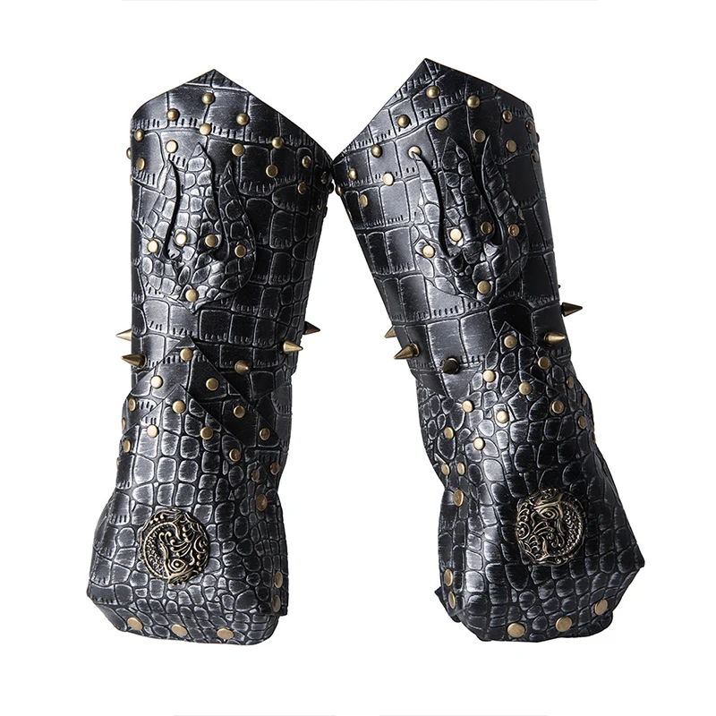 Medievale in pelle nera rivetto manica braccio cinturino da polso Steampunk Halloween Party Pattern bracciale uomo donna Costume Cosplay Prop