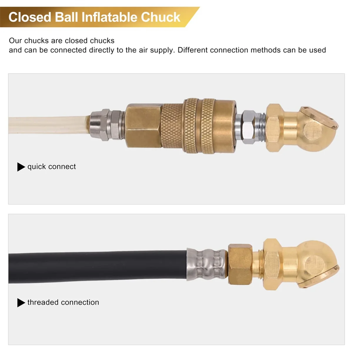 1/4Inch Portable Air Chuck Closed Brass Ball Inflator for Inflator Gauge Compressor Accessories, 3 Pack