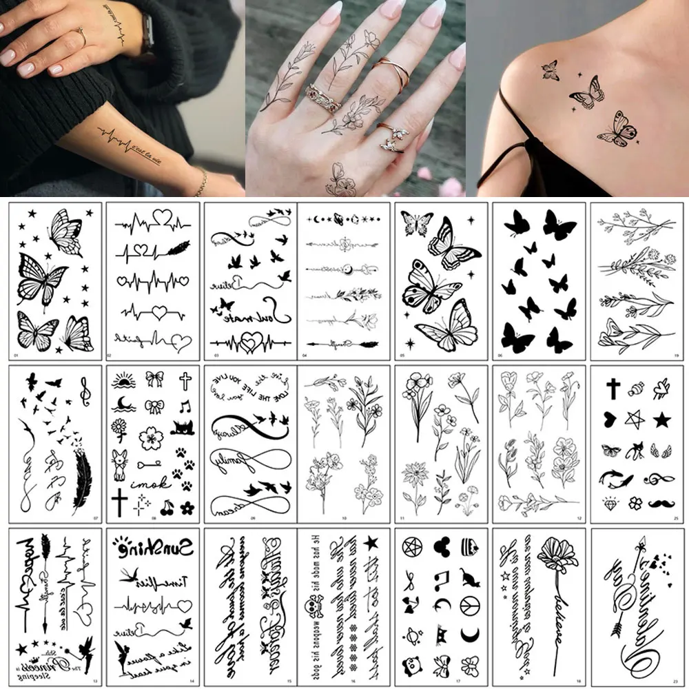 30pcs Waterproof Temporary Tattoo Sticker Butterfly Infinite Feather Line Flower Bird Body Art Arm Fake Tattoos Sleeve Women Men