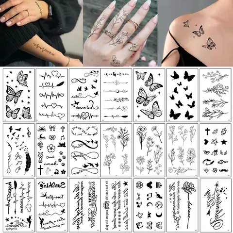 30pcs Waterproof Temporary Tattoo Sticker Butterfly Infinite Feather Line Flower Bird Body Art Arm Fake Tattoos Sleeve Women Men