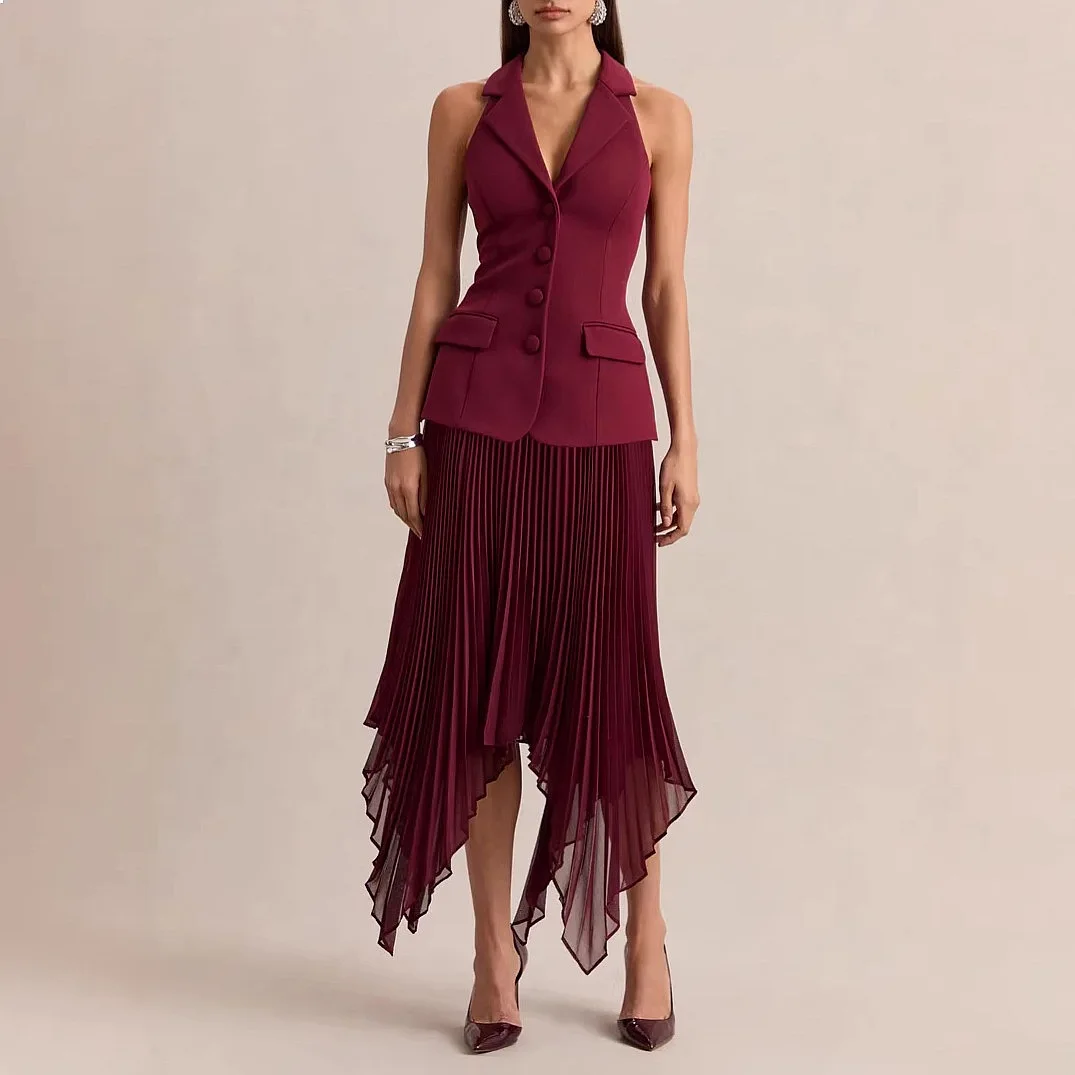 Women V Neck Sleeveless Pleated Skirt Set Summer Two Piece Matching Set Skirts Sets