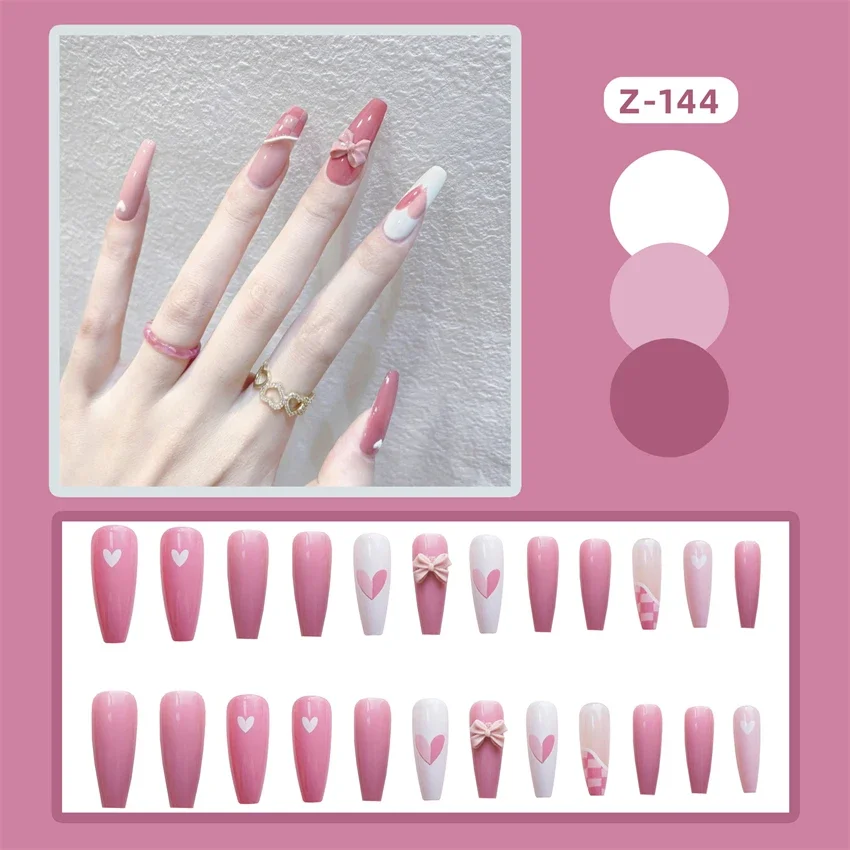 24Pcs/Set Ice Pink Rose Fake Nails Art Long T-Shape Adhesive Acrylic Press on Nails Handmade Removable Wearing False Nails Tips