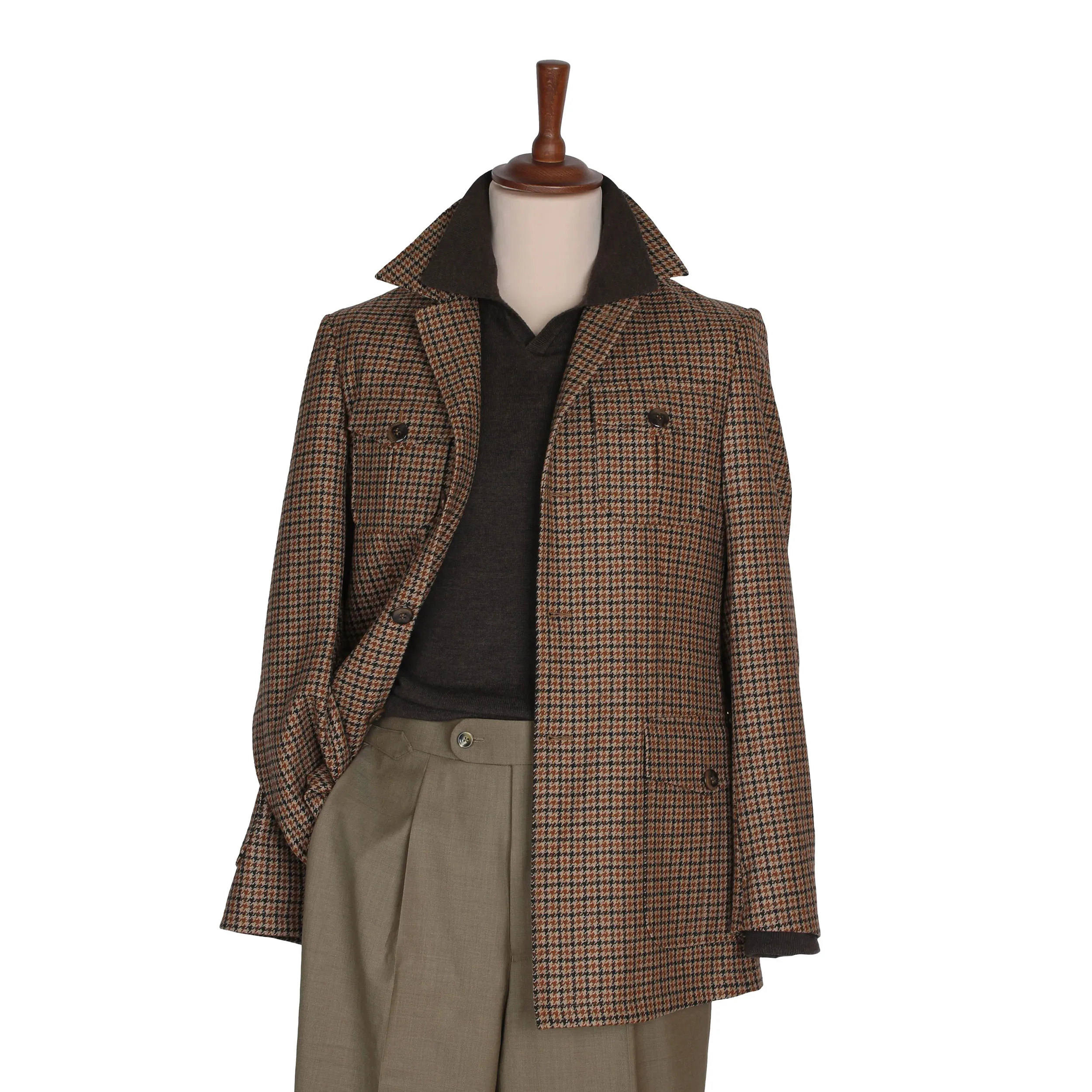 Men's Brown Houndstooth Wool Blend Blazer Jacket with Stand Collar and Flap Pockets Custom Made M264574