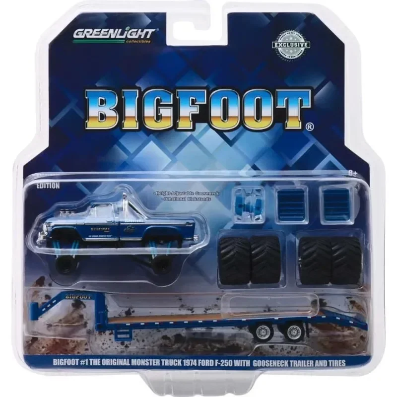 

1:64 Bigfoot #1 The Original Monster Truck 1974 Ford F-250 With Gooseneck Trailer And Tires Alloy CarModel Child ornament