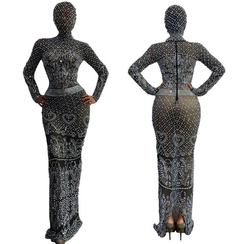 Damskie Sukienki Wieczorowe z Długim Rękawem, Całe w Dżetach i Perłach, Sukienka na Uroczystość, Ubranie na Przyjęcie Urodzinowe, Seksowne Kostiumy Gogo XS7001