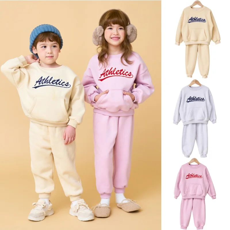 Children's Sweatshirt Suit 24 Winter New Cartoon Embroidery Boys Sweater Cotton Warm Pink Korean Girls Tops Children's Clothing