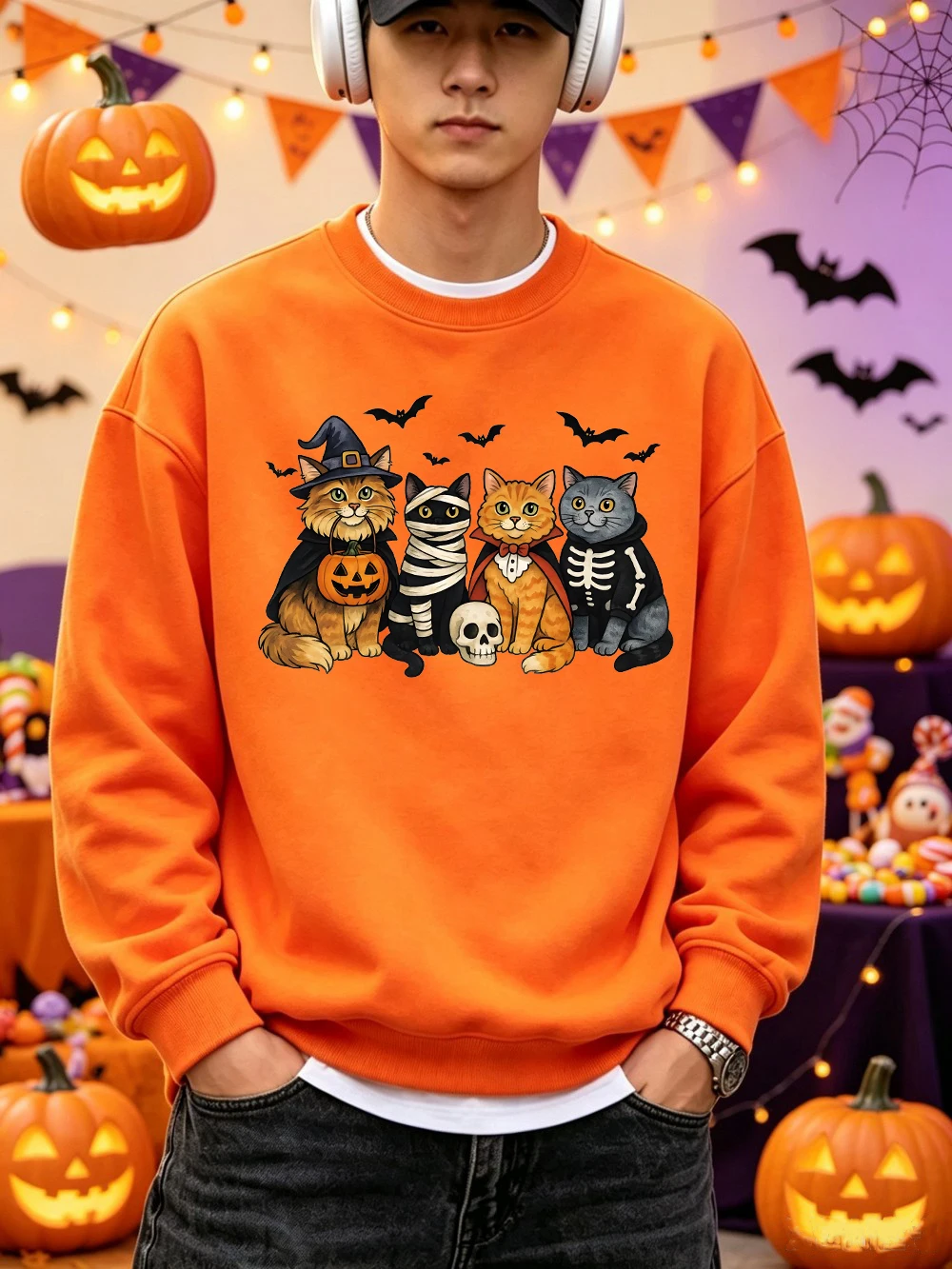 Cats Enjoy Halloween Prints Pullover Mens Casual Loose Hoodie Winter Fleece Warm Sweatshirts Basic O-Neck Comfortable Clothes
