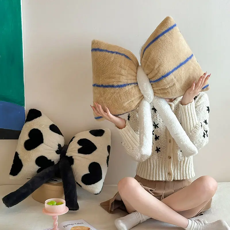 Ins Korean Dopamine Rabbit Velvet Bow Pillow Cute Lunch Nap Pillows Car Bedside Sofa Cushion Girl Gift Living Room Decoration