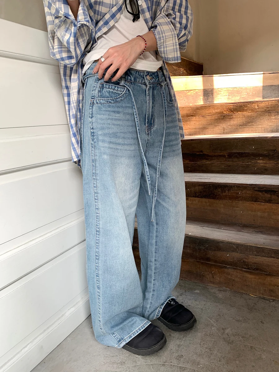 

High Waist Straight Leg Denim Jeans with Belt Water Washed Blue Stylish Casual Pants for Women Spring Season Fashion 2026