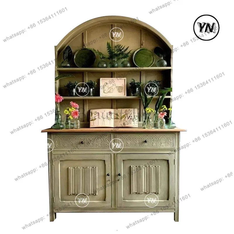 Vintage green forest locker wabi-sabi wind carved side cabinet