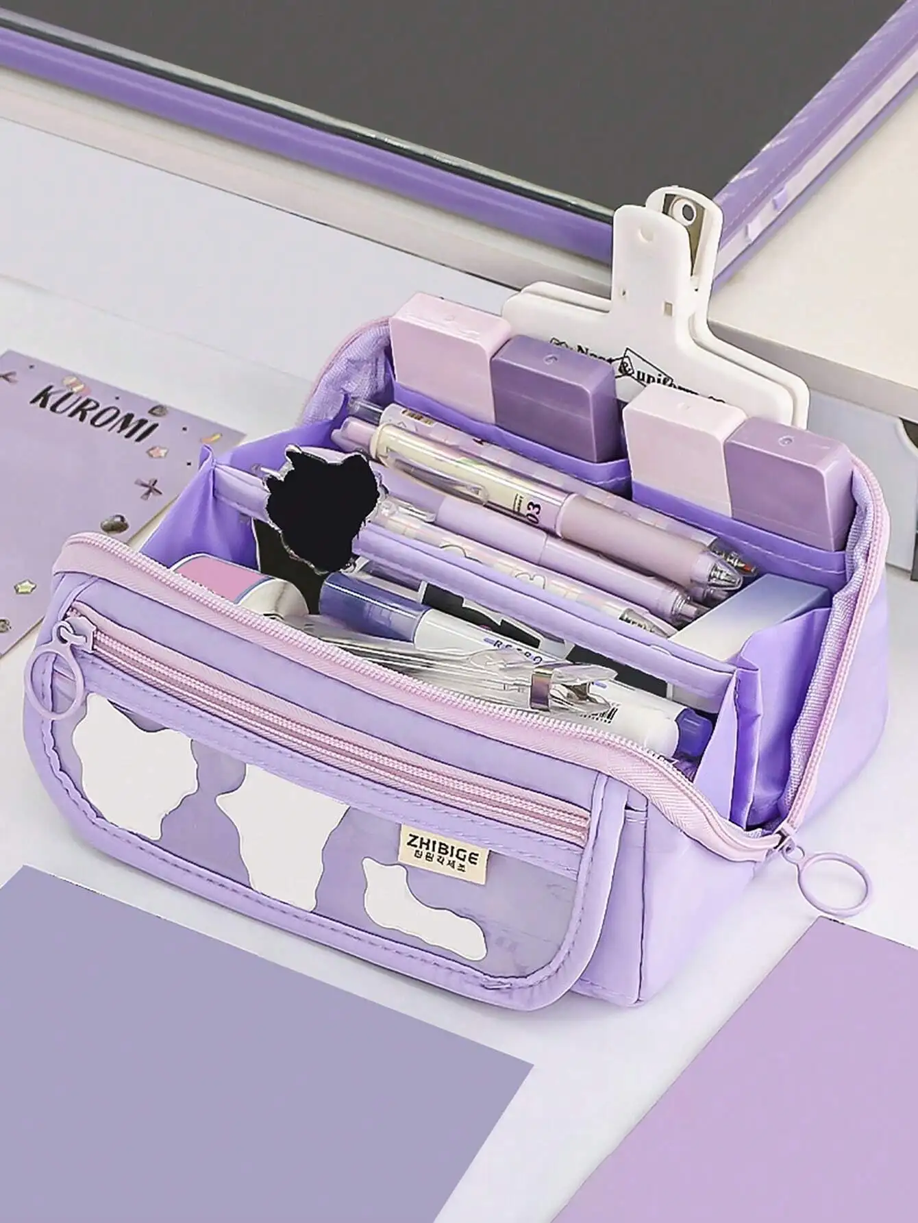 

1pc Simple Multi-Layer Prism Design Stationery Bag, Large Capacity Multi-Functional Fabric Pencil Case For Students
