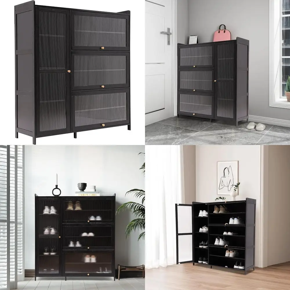 خزانة تخزين من 4 طبقات مع أبواب قابلة للطي، خزانة أحذية من الخيزران الروطان مع باب شفاف للممر، غرفة المعيشة، 100 * 33 * 110 #1