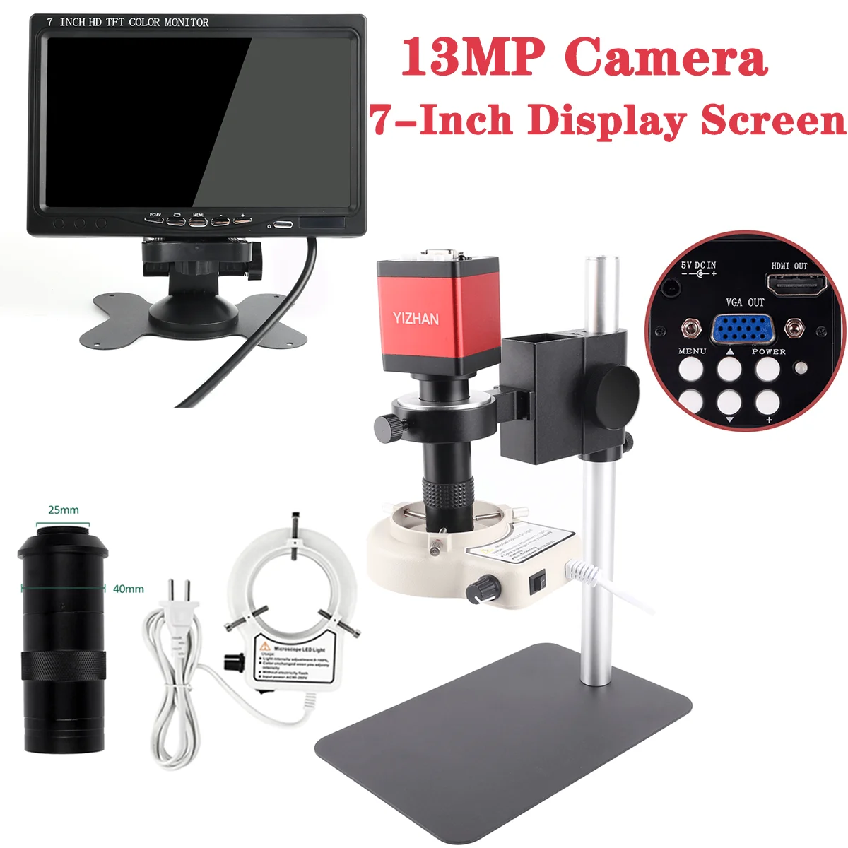 13MP Microscope VGA CCD Digital Camera USB For Electronics 130X Lens HDMI Industrial Digital Video Jewelry Microscopes Soldering