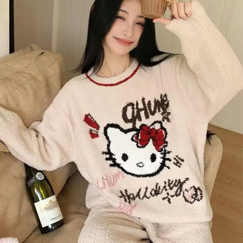 الكرتون صورة طالب Kawaii كيتي القط بيجامة فتاة 2025 الخريف الشتاء جديد أنيمي محبوك المنزل الملبس مجموعة ملابس فضفاضة غير رسمية