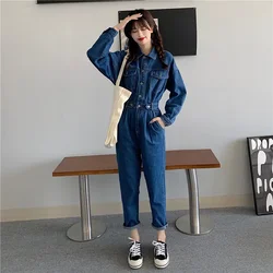 Streetwear Style Women Denim Overalls Pants 2024 Spring Autumn Long Sleeve Bodycon Jeans Romper Wide Leg Jumpsuits High Waist