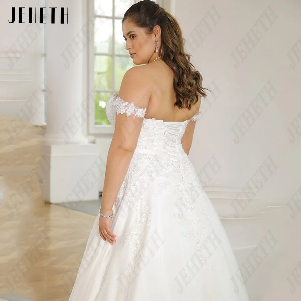 JEHETH Modern Off Shoulder Wedding Dress Sweetheart Lace Up Bride Gowns Plus Size Applique Tulle A-Line vestidos de novia