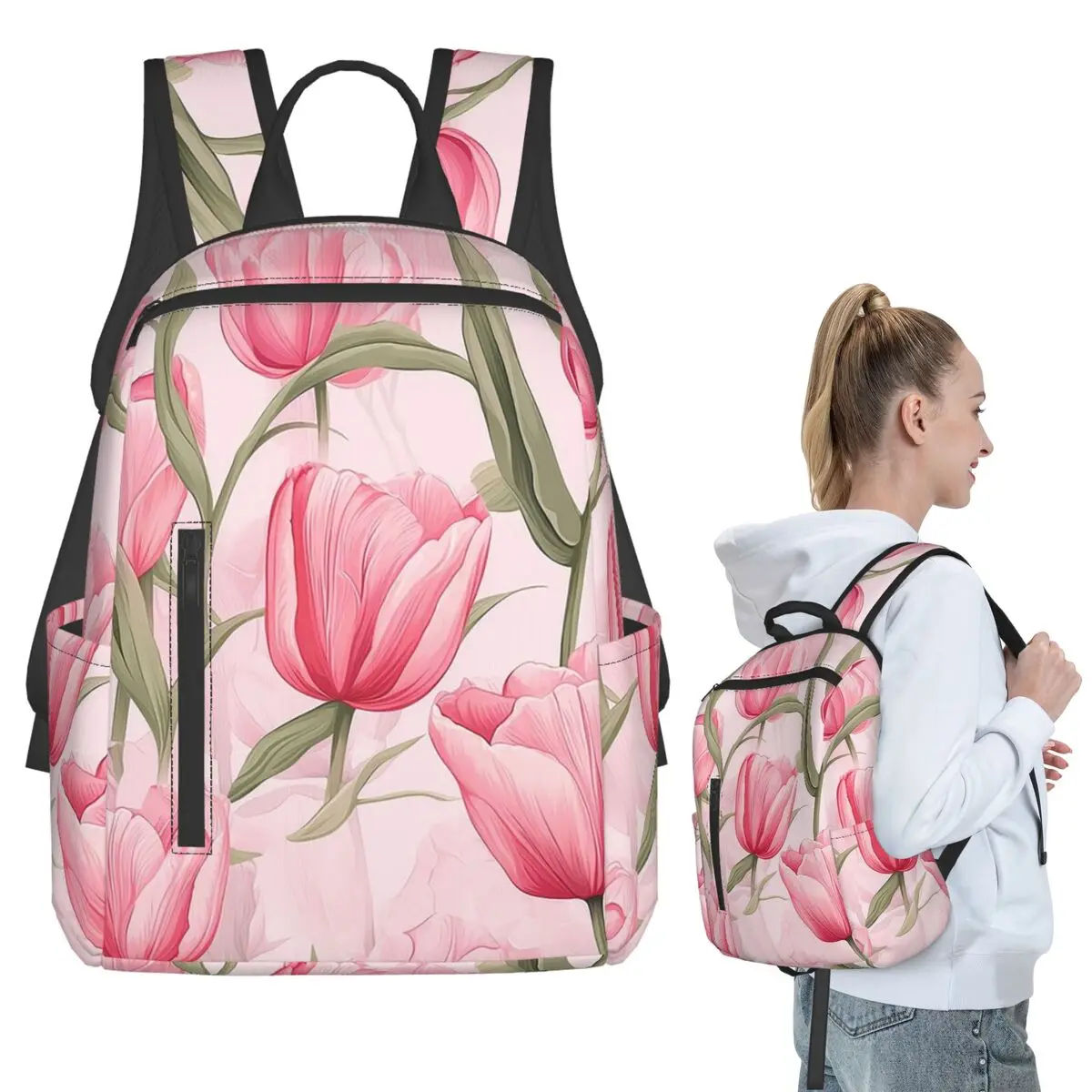 Pink Tulip Flowers Sketch Print Backpack Student BookBag Kids School Bag Laptop Shoulder Bags Men Women