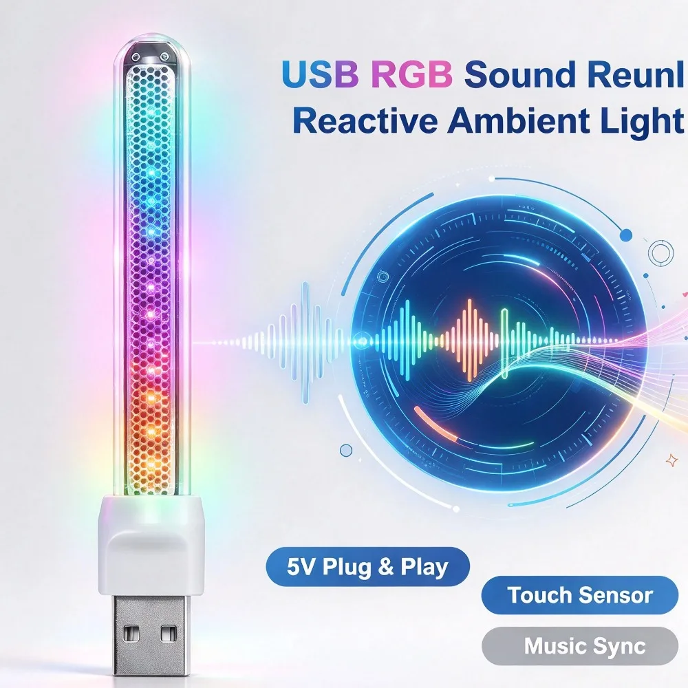 USB RGB Ambient Light Sound Reactive LED Atmosphere Ligh 13 Modes Music Sync For Gaming Desktop Car Interior Decor Plug and Play