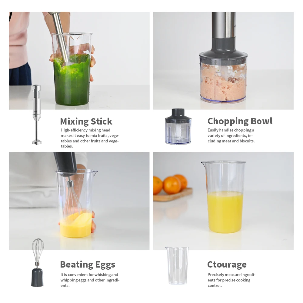 خلاط غمر يدوي 4 في 1، خلاط طعام قوي من الفولاذ المقاوم للصدأ، كوب خلط 700 مل، معالج 500 مل، خفق