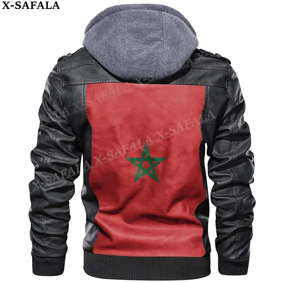 Morocco Country Flag Leather Jacket Men Winter Fleece Motorcycle Faux Leather Jacket Removable Fur Collar Windbreaker Coat-1