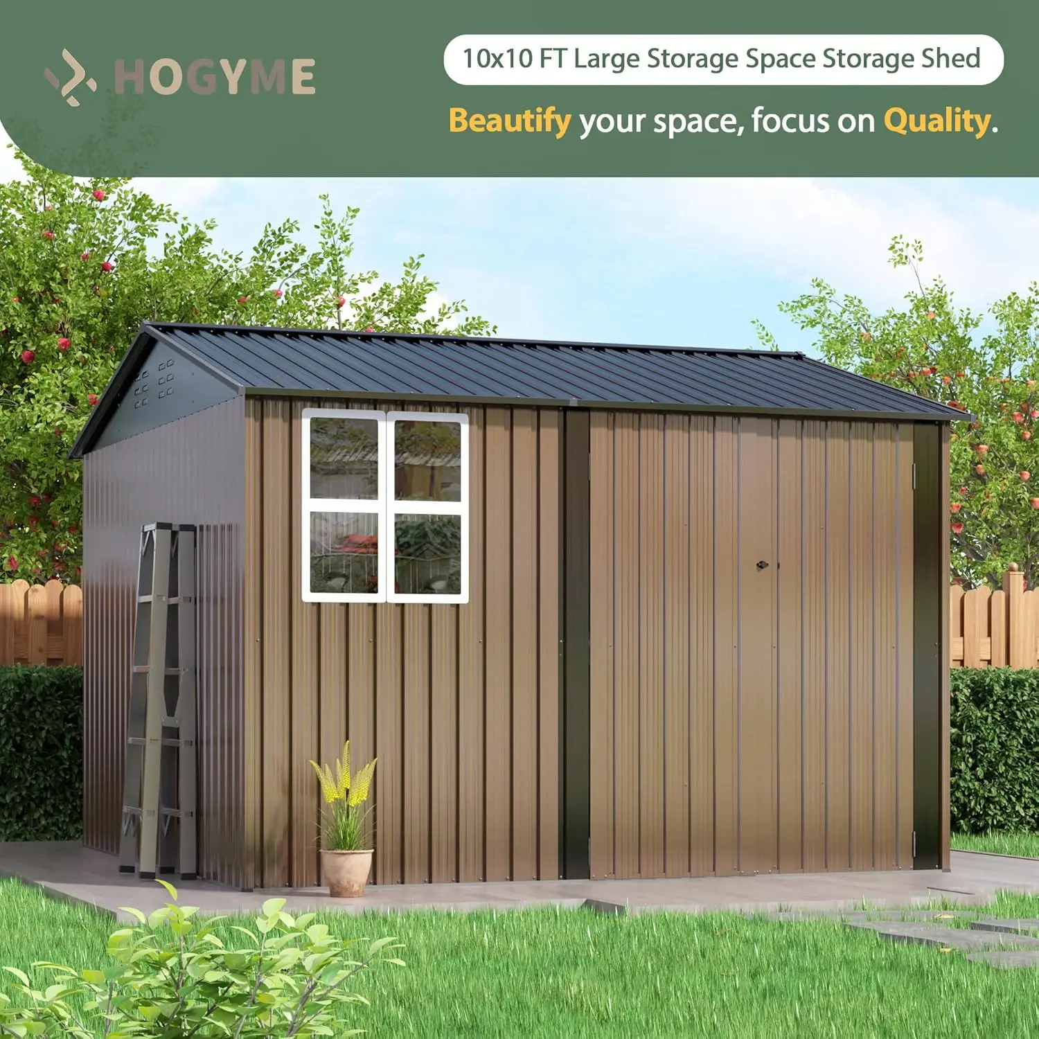 10x10 FT Outdoor Storage Shed, Large Metal Tool Sheds with Updated Frame Structure, Garden Shed for Backyard Patio Lawn, Brown