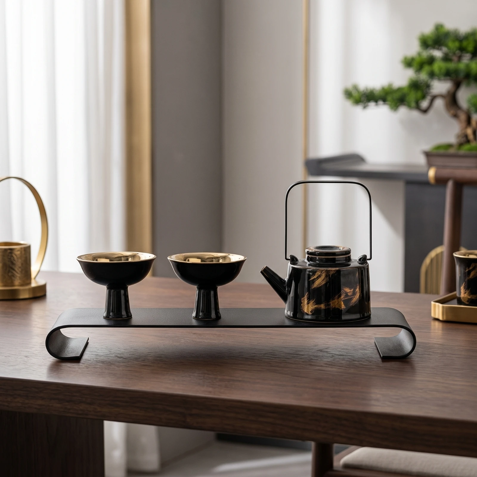 

Chinese Tea Set Brushstroke Accents Black Tea Set Ceramic Ware Bird Motifs