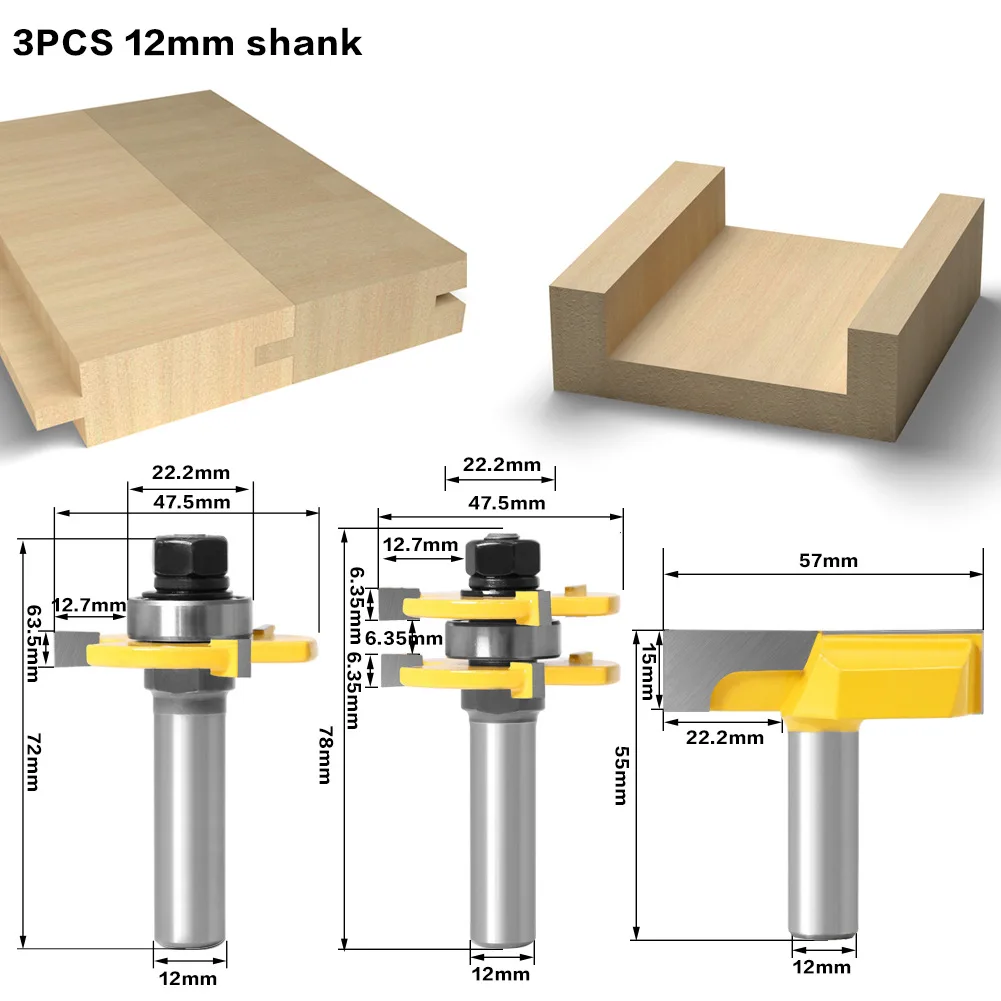 3-piece set of 1/2 handle three-tooth T-mortise knife + sole clearing knife Large-diameter slotting knife Splicing knife