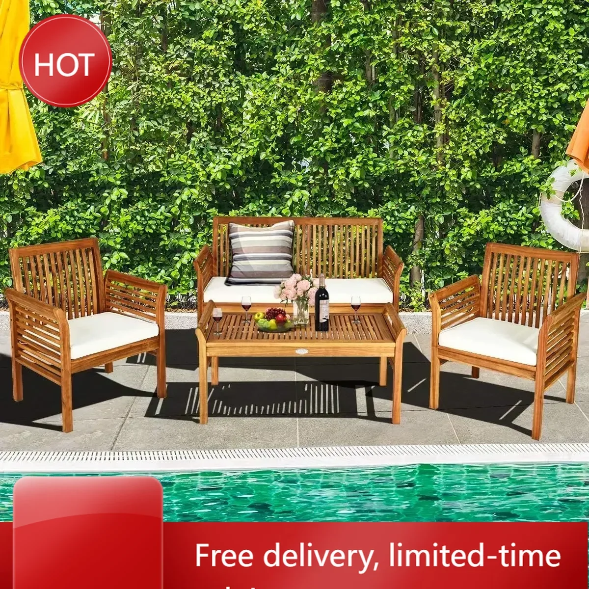 

Time-limited4 Piece Outdoor Acacia Wood Sofa Set with Water Resistant Cushions, Padded Patio Conversation Table Chair Set w/Coff