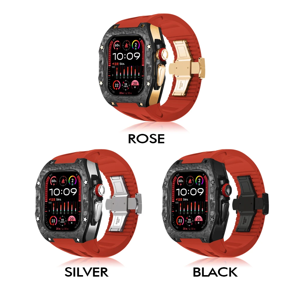 Soul Cool Carbon Fiber For Apple Watch Case Ultra 3/2/1 49mm, Fluororubber Strap, iWatch protection Mod Kit, Luxury accessory